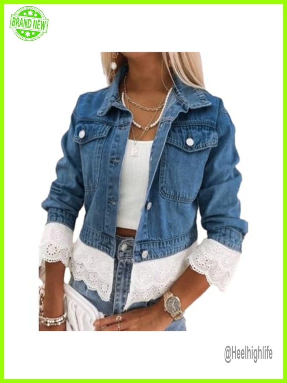Oversized Lace Color Block Denim Jacket Shacket Button Down Long Sleeve